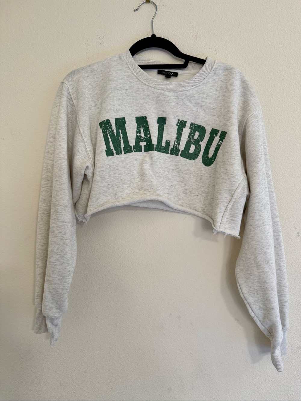 Papermoon Light Gray Cropped Crewneck Sweatshirt with Green Malibu Print Size S